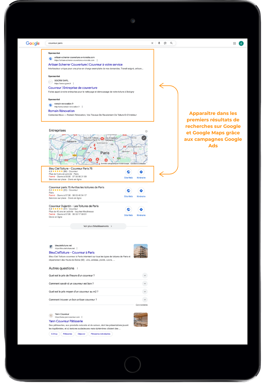 campagnes Google Ads en ligne pour un artisan, mis en place et gérer par Scorpio Media