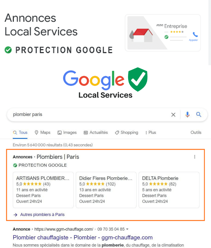 résultats de recherche annonces locales services affichant les entreprises avec le badges de protection Google